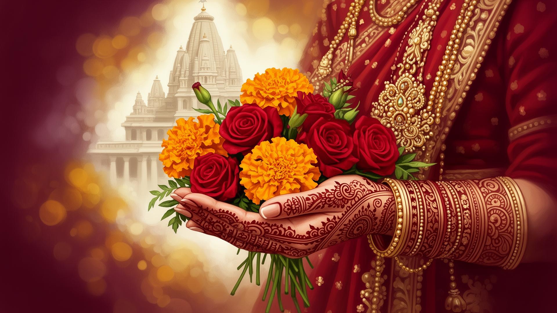 Traditional bridal hands adorned with henna holding marigolds and roses before a temple